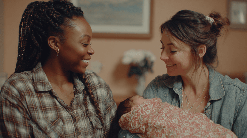 Two women smiling at each other as one holds a newborn wrapped in a floral blanket