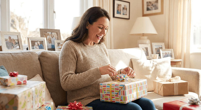 A pregnant woman opening a gift