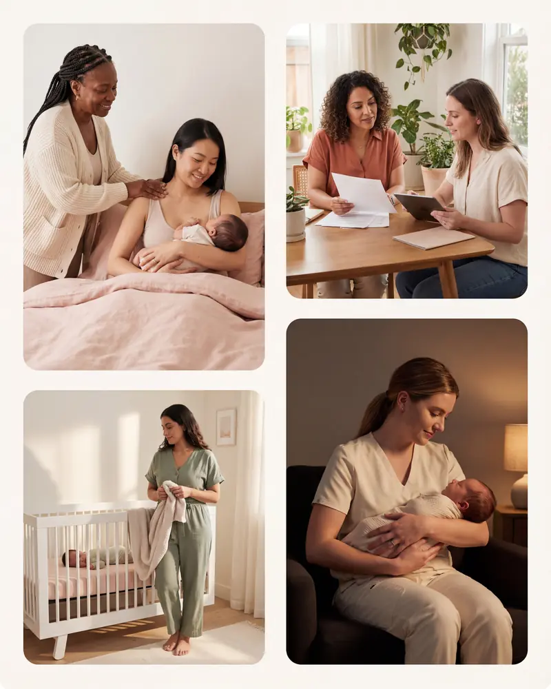 Collage of postnatal care providers: a doula supporting a mother, consultants reviewing documents, a sleep coach in a nursery, and a night nanny holding a newborn